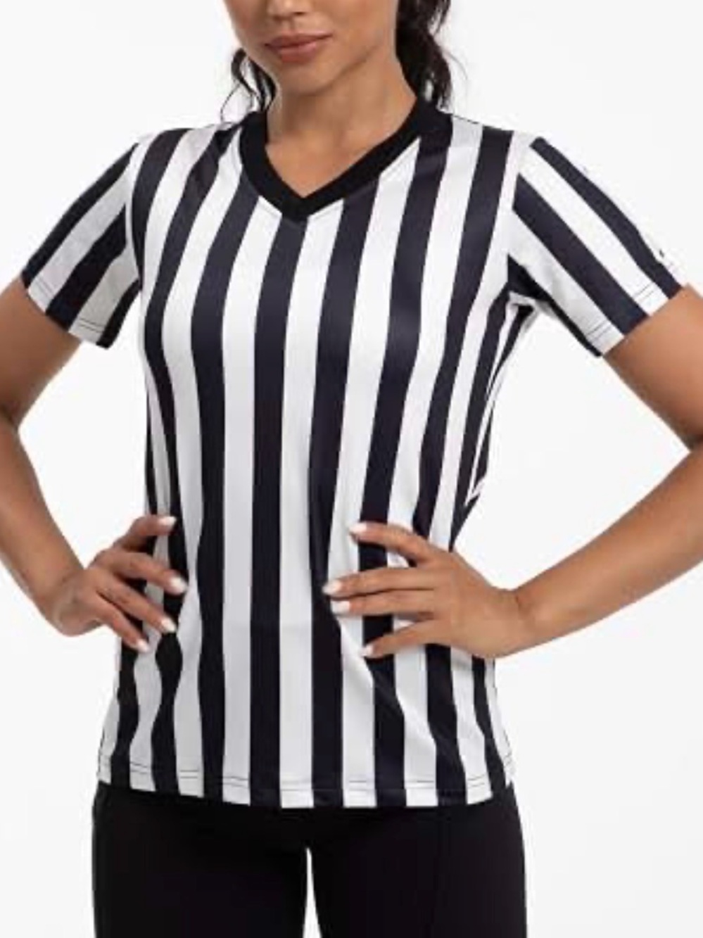 Women’s Black and White Striped V-Neck Referee Tee costume top